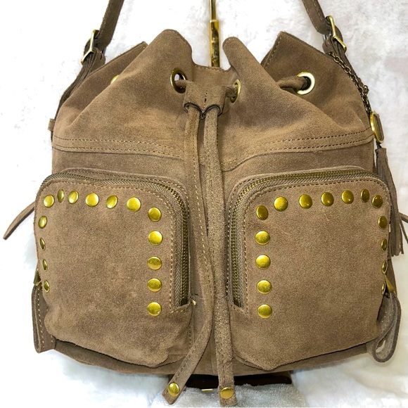 Crown Vintage Handbags - Crown Vintage Suede Drawstring Satchel Handbag. Brown with Gold Stud Accents